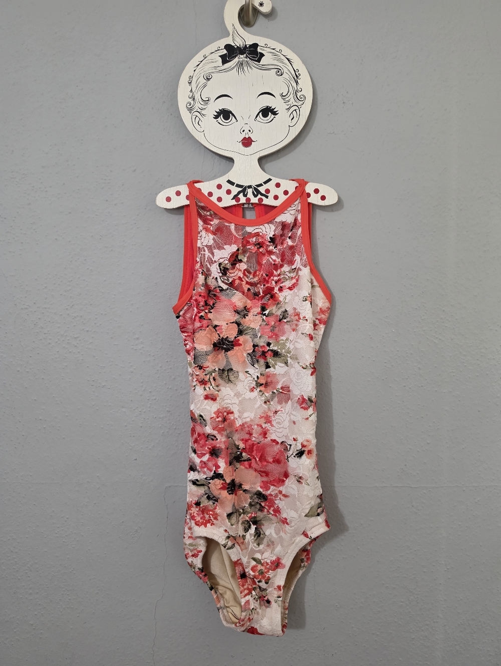 Details Dancewear Red Floral Mesh Back Bodysuit Leotard Size MA